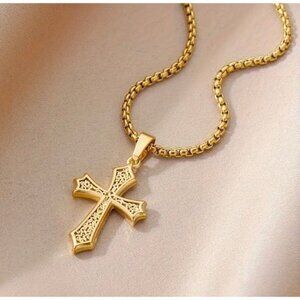 18K Gold Plated Cross Pendant Necklace Crystal Ball Chain Religious Faith